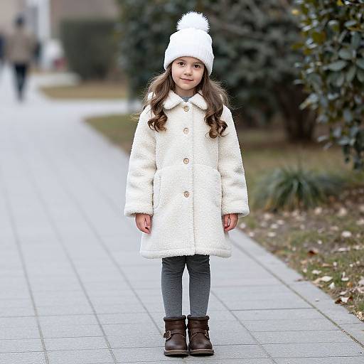 Photograph of a young girl with long brown hair, wearing a white fur coat, gray pants, brown boots, and a white pom-pom hat