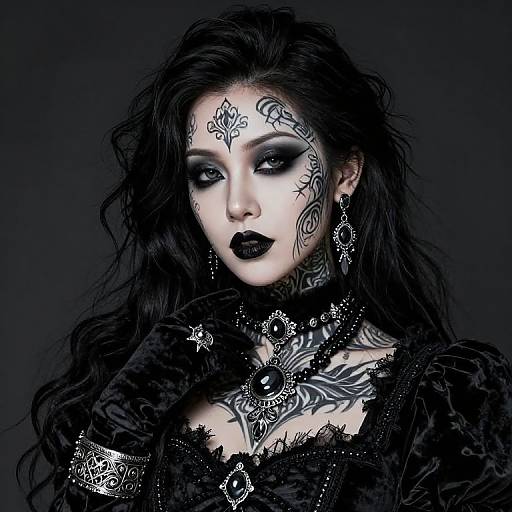 Gothic woman with pale skin, black lipstick, elaborate tattoos, and dark makeup, wears black lace and ornate jewelry, against a dark background