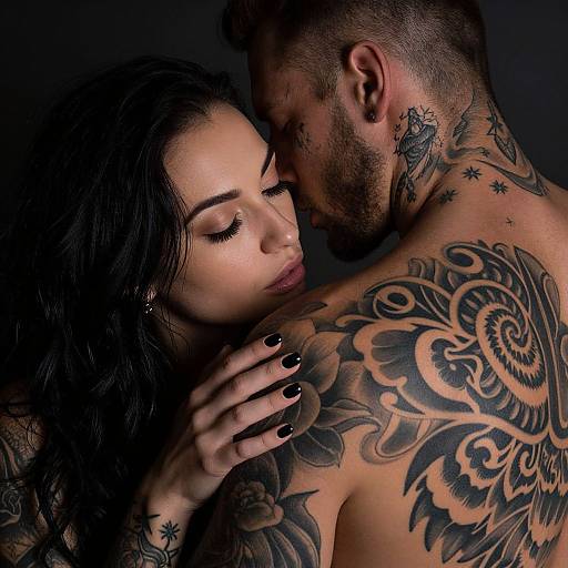 Photograph of a tattooed couple in an intimate embrace, man with short brown hair kisses woman's forehead, both have extensive black ink tattoos, dark