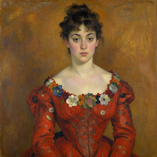 Oil painting of a pale-skinned woman with dark curly hair, wearing a red, floral-embellished dress, against a warm brown background.