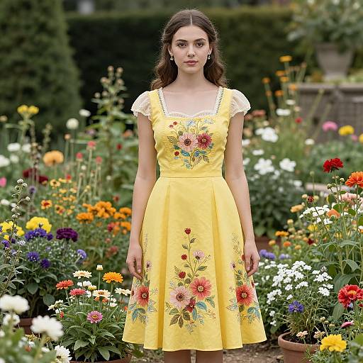 Photograph of a young woman with fair skin and brown hair, wearing a yellow floral dress, standing in a vibrant garden filled with colorful flowers.