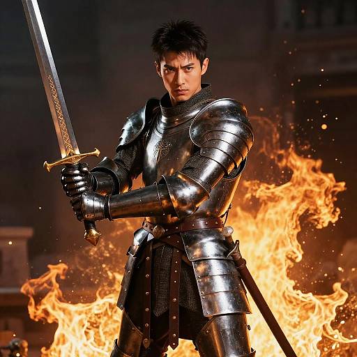Photograph of a serious, dark-haired man in shiny black medieval armor holding a sword, standing in front of bright flames.