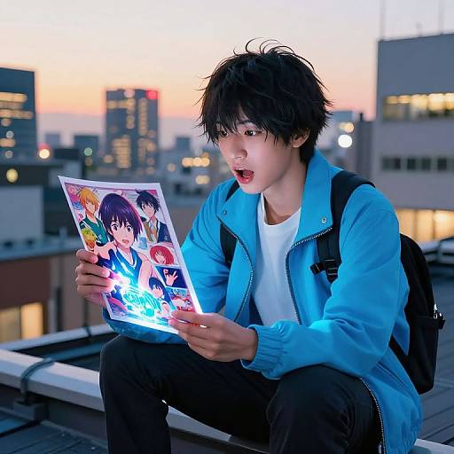 Anime-obsessed young man with tousled black hair, blue jacket, white shirt, black pants, backpack, and surprised expression, holds glowing anime