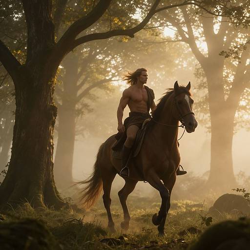 Photograph of a shirtless, long-haired warrior with tan skin riding a brown horse through a misty, sunlit forest.