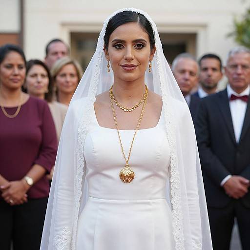 Photograph of a South Asian bride in a white dress and lace veil, gold jewelry, standing center with a smiling expression, surrounded by guests in formal
