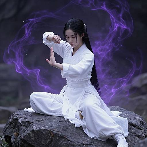 Asian martial artist, long black hair, white gi, sitting on rock, purple energy swirls, focused, poised, outdoors, dark background.