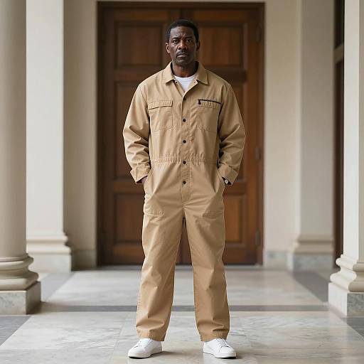 Man in Tan Jumpsuit Standing in Grand Hallway