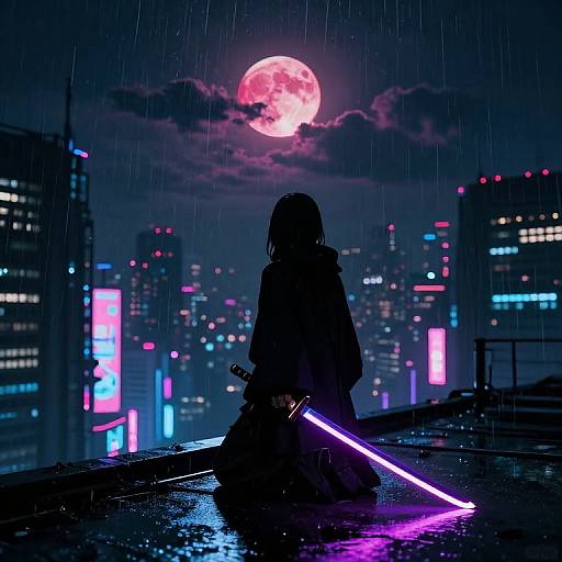Silhouetted anime girl with glowing purple sword kneels on rooftop, rain falling, full red moon above neon cityscape. Digital art.