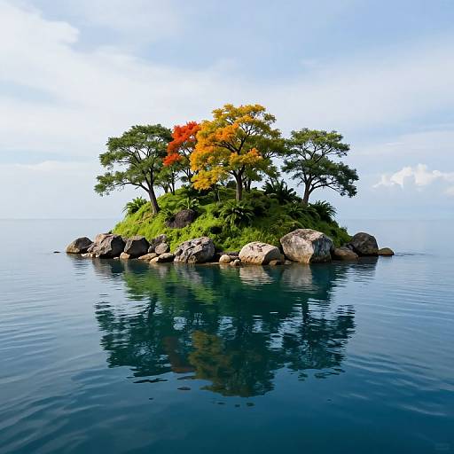 Photograph of a small, serene island with vibrant orange and green trees, surrounded by calm, reflective blue water, and rocky shore.