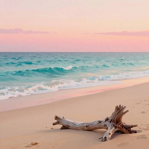 Photograph of a serene beach at sunset, featuring a driftwood log on the sandy shore, turquoise waves, and a pink-orange sky.