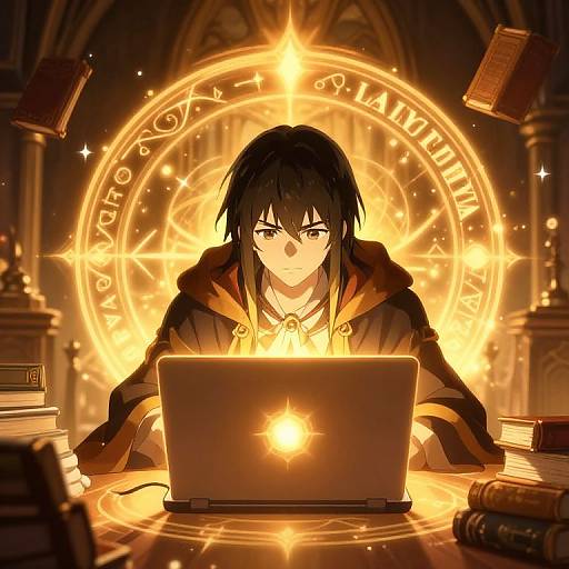 Anime-style digital artwork of a serious, black-haired mage in a brown hooded robe, focusing on a glowing laptop at a spell-casting circle surrounded