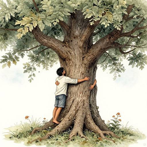 Ink Man Embracing Fantasy Tree