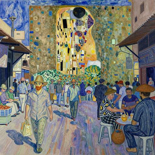Vibrant, cubist-style digital painting of a bustling outdoor market with colorful, abstract buildings, diverse crowd, and people seated at tables.