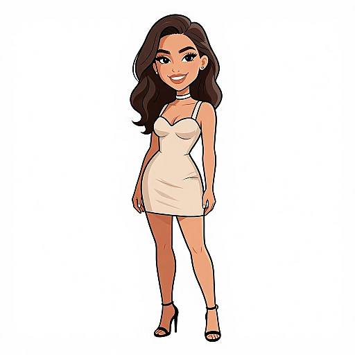 Digital cartoon of a smiling woman with long dark hair, wearing a white, sleeveless, form-fitting dress, black high heels, and a white