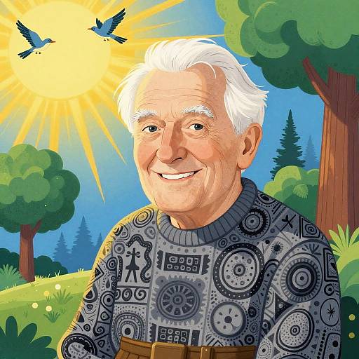 Illustration of an elderly white man with white hair, smiling, wearing a patterned sweater, in a sunny forest with birds.