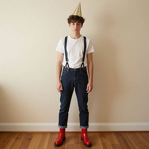 Photograph of a young boy with curly brown hair, wearing a gold party hat, white t-shirt, black suspenders, dark pants, and red