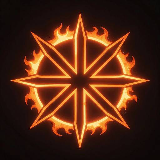 Digital illustration of a glowing, fiery pentagram with radiating orange flames against a black background, creating an intense, mystical aura.