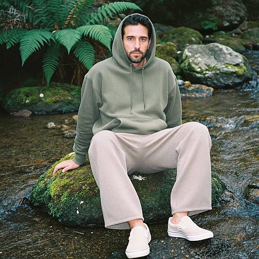 Photograph of a bearded man with dark hair, green hoodie, white pants, and white sneakers, sitting on a mossy rock by a shallow