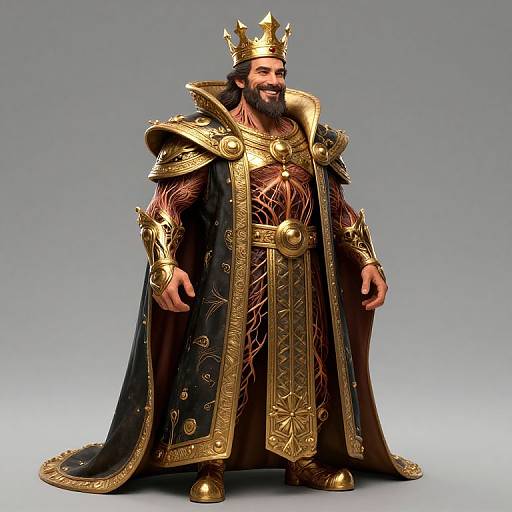 Photorealistic CGI of a bearded king with dark skin, golden crown, ornate black and gold robe, and intricate armor, standing confidently against