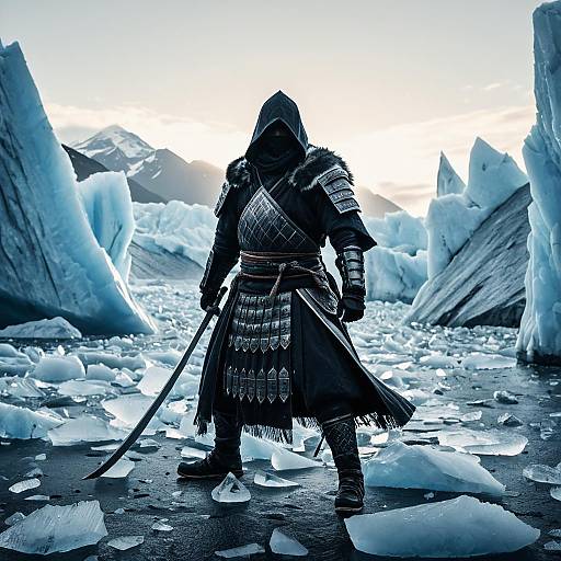 Glacial Samurai in Icy Landscape