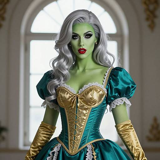 Photograph-style digital artwork of a green-skinned woman with long, wavy silver hair, wearing a teal and gold corset dress with white lace