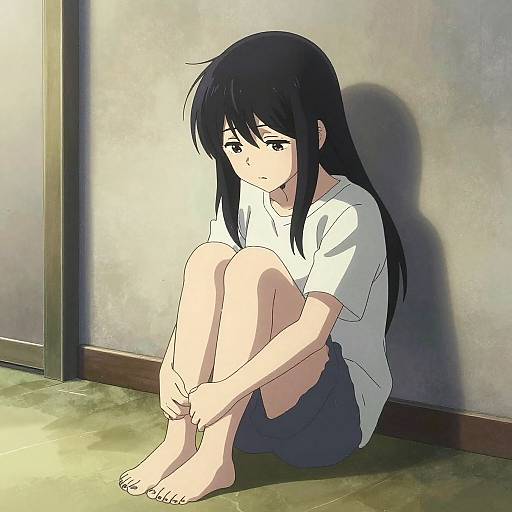 Anime-style digital drawing of a sad, long-haired girl in a white t-shirt and black shorts, sitting on a floor, hugging her knees,