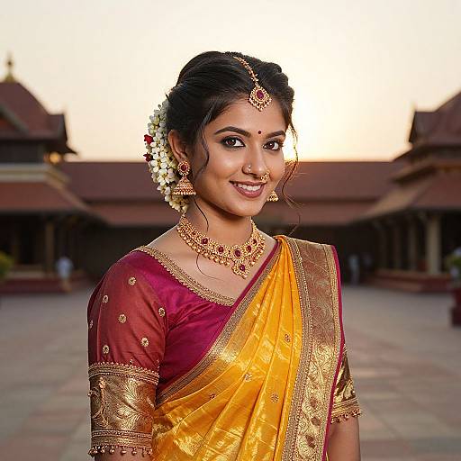 Photograph of a smiling Indian bride in a yellow and gold traditional saree, adorned with gold jewelry, standing in front of a temple at sunset.