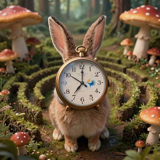 Photograph: Furry brown rabbit with large ears wearing a gold pocket watch as a head, standing in a forest path with red mushrooms and lush green