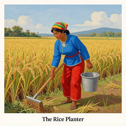 Colorful digital painting of a Latina woman in blue shirt, red pants, and green headscarf, harvesting rice with a broom, holding a