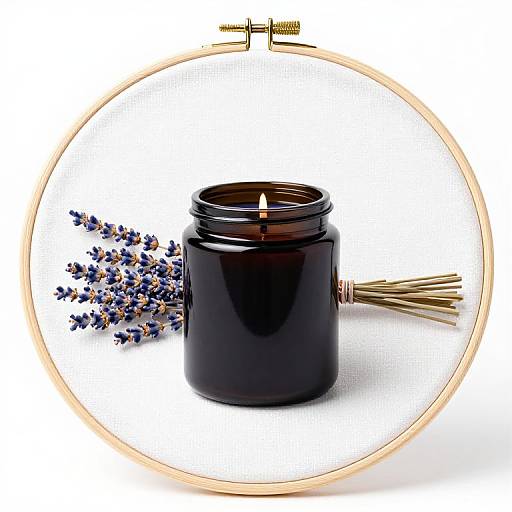 Photograph of a lit dark brown candle in a jar, surrounded by lavender sprigs, framed by a golden hoop against a white background.