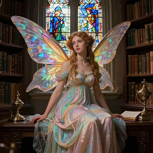 Photograph-style digital artwork of a fairy with iridescent wings, wearing a pastel, off-shoulder gown, seated in a library with