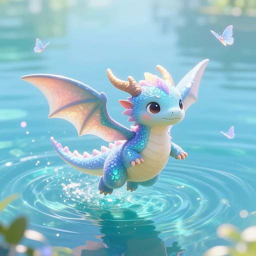 Cute digital illustration of a blue, winged dragon with orange horns and belly, standing in sparkling blue water with fluttering white butterflies.