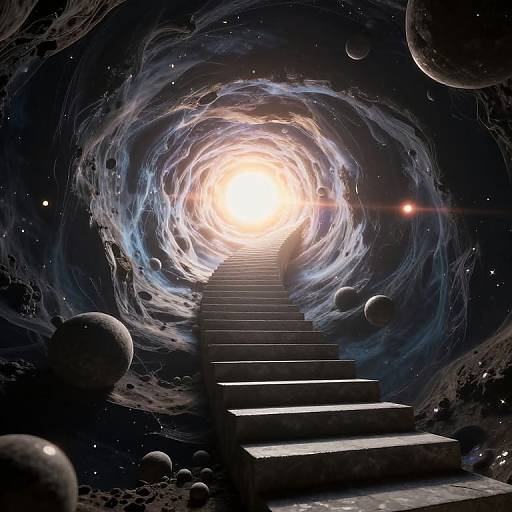 Digital artwork of a cosmic stairway ascending into a bright, glowing vortex, surrounded by swirling clouds, floating spheres, and a dark, starry background