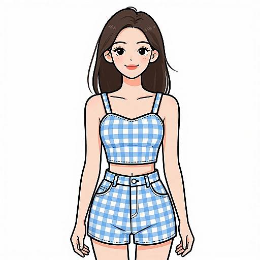 Digital illustration of an Asian woman with straight black hair, wearing a blue and white checkered crop top and high-waisted shorts, smiling against a