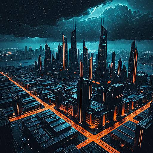Futuristic Cityscape in Stormy Night