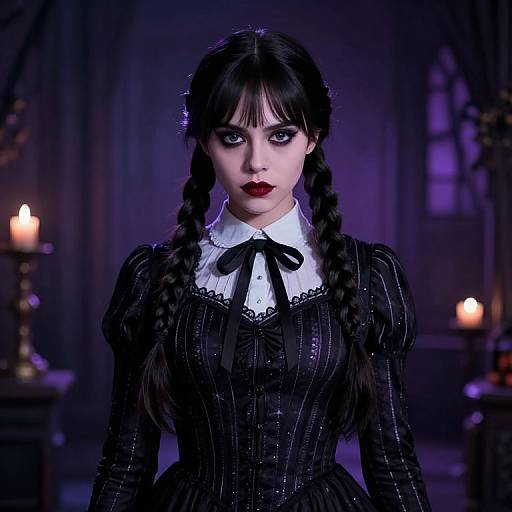 Gothic-style digital artwork of a pale woman with black braided hair, wearing a striped black dress with white collar and black ribbon, set against