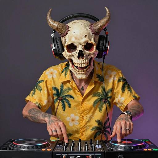 Demon DJ in Skull Mask Playing Music