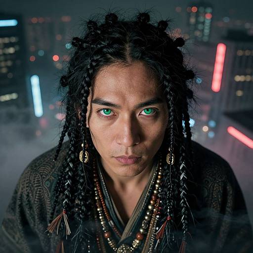 Photograph of a serious, dark-skinned man with green eyes, long black braids, and multiple beaded necklaces, set against a neon