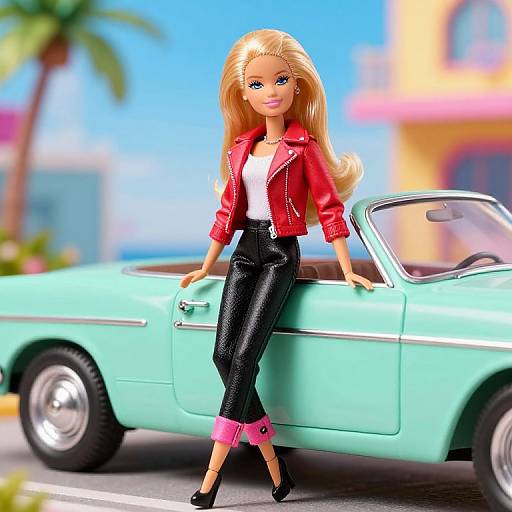 Photograph-style doll with long blonde hair, blue eyes, red leather jacket, white top, black pants, pink cuffs, leaning on mint green convertible