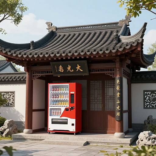 Photograph of a traditional Japanese vending machine stand with a red vending machine, black-tiled roof, and wooden sign with gold Japanese characters, surrounded by