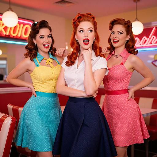 Photograph of three vintage-style women in 1950s dresses, vibrant colors, retro diner background, neon signs, smiling, one with hand on