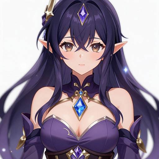 Digital anime-style drawing of a cute, dark-haired elf woman with large purple eyes, pointed ears, and a blue gemstone necklace, wearing a revealing