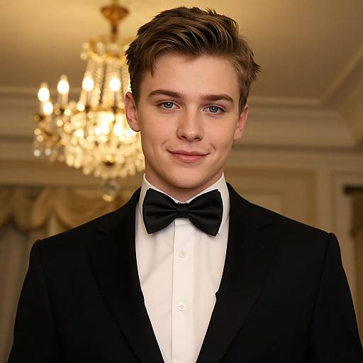 Photograph of a young, fair-skinned man with brown hair, wearing a black tuxedo with a bow tie, standing in a warmly lit