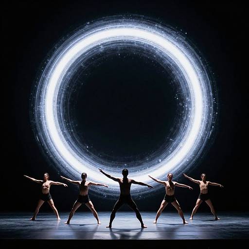 Photograph of five naked dancers in dynamic poses, silhouetted against a large, glowing white circular light in a dark stage.