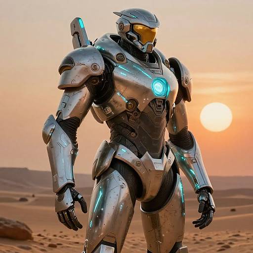 Photorealistic CGI of a futuristic, silver armored humanoid with glowing blue accents standing in a desert at sunset. Sun sets behind.