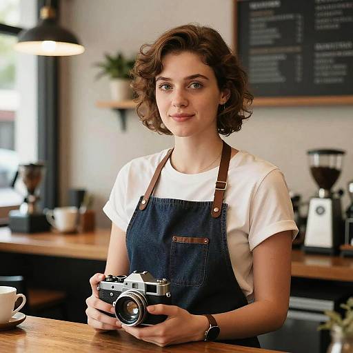 Photograph of a young woman with curly brown hair, wearing a white shirt and dark blue denim apron, holding a vintage camera at a cozy café