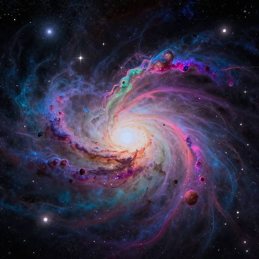 Photograph of a vibrant, colorful galaxy with a bright, glowing core surrounded by swirling gas clouds, stars, and red planets in a dark, star