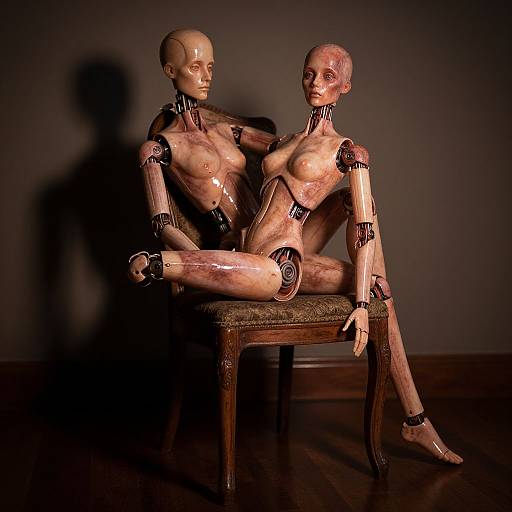 Photograph of two shiny, nude, human-like robots with exposed joints, sitting intimately on a wooden chair against a dark background.