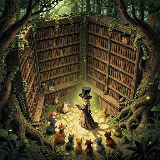 Enchanted Library in Whimsical Forest