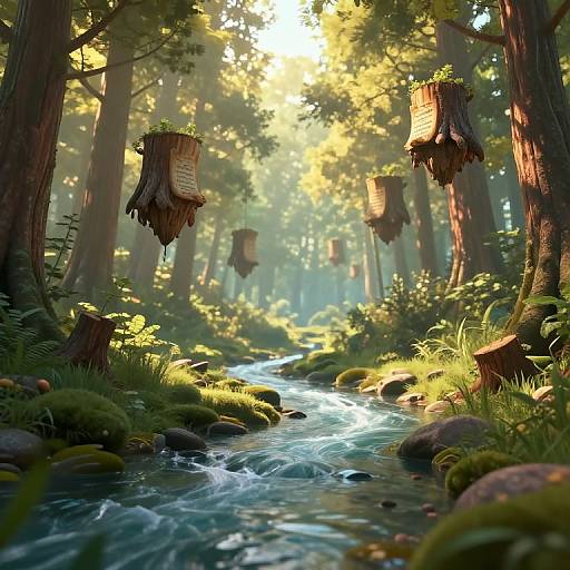 Photorealistic forest scene with sunlight filtering through trees, flowing stream, moss-covered rocks, and wooden birdhouses hanging from branches.